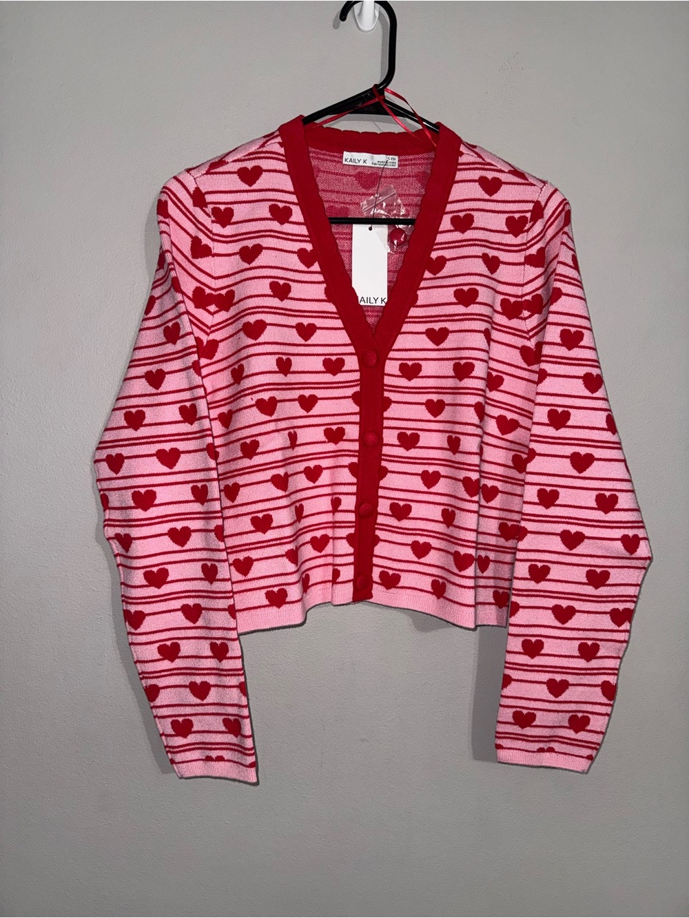 Kaily K Pink & Red Heart-Stripe V-Neck Cardigan Sweater Large BNWT